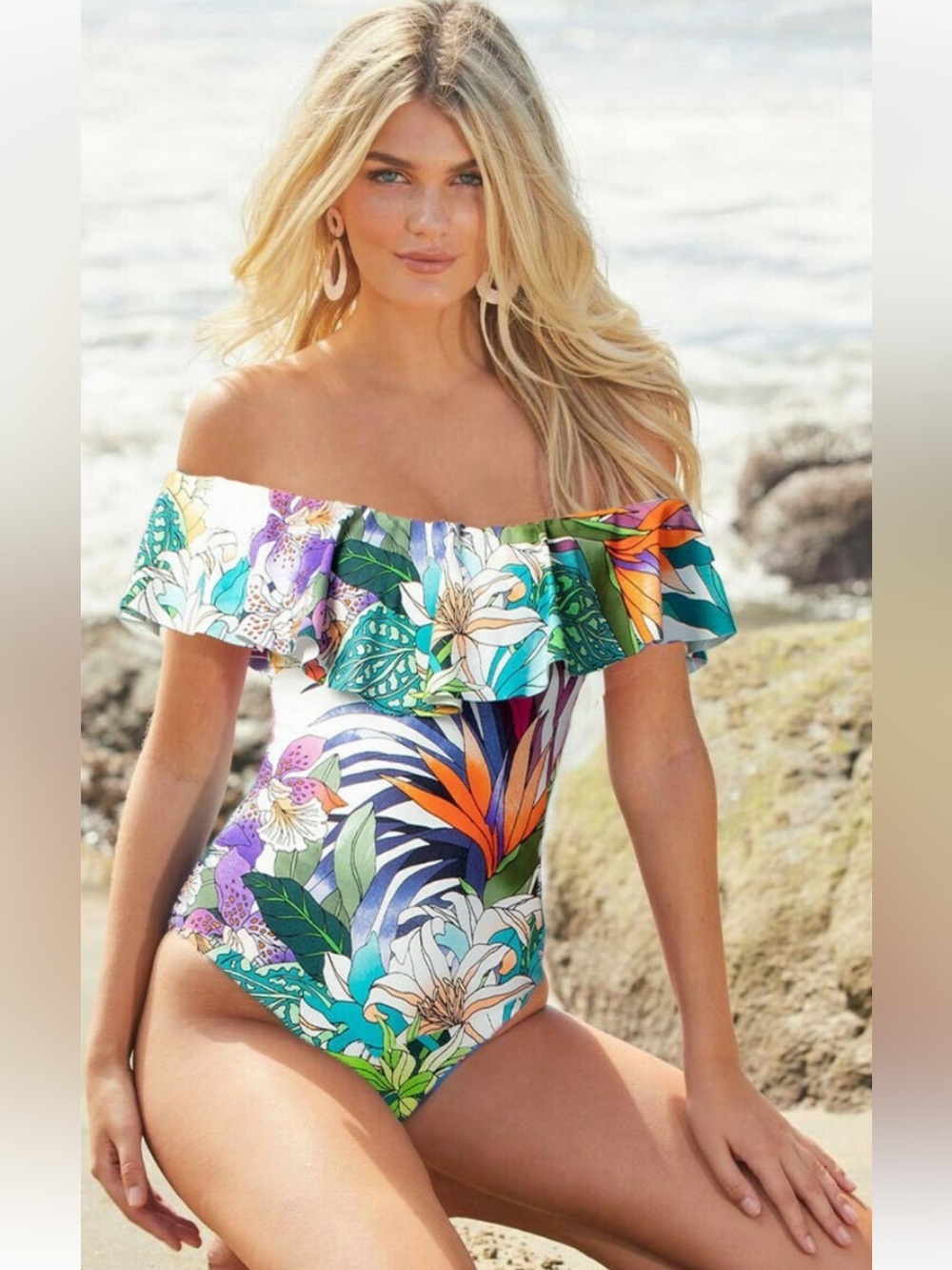 Trina Turk Royal Amazonian Off Shoulder One Piece Swimsuit Size 10 Tropical
